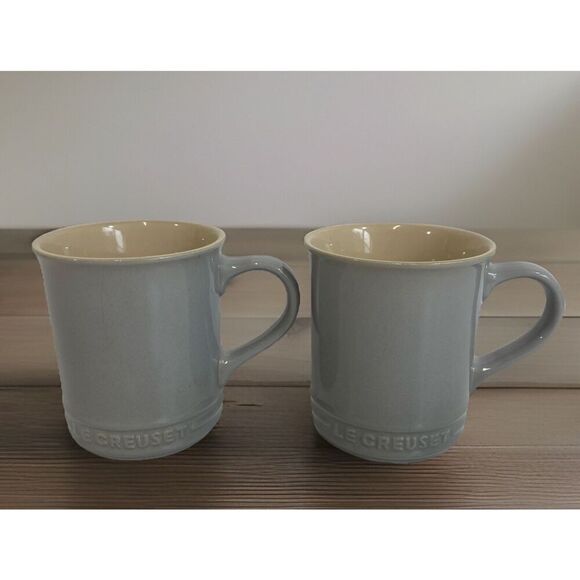 Le Creuset Coffee Tea Mug Gray Ceramic 4” Taupe Interior Set Of (2) - Picture 1 of 8